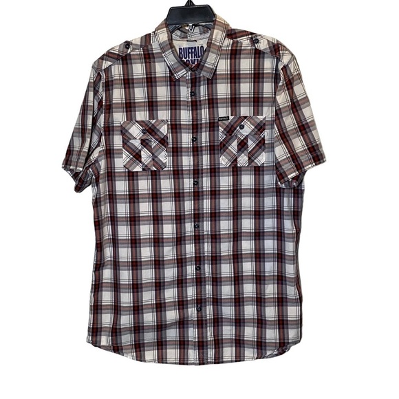 Buffalo David Bitton Men's Large Gray red plaid button up short sleeve shirt - Picture 2 of 6
